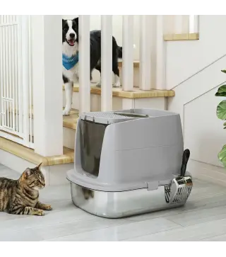 Arenero para Gatos de Acero Inoxidable L con Tapa Abatible Pala Metálica Bolsa Desodorizante Fácil Limpiar Gris Claro