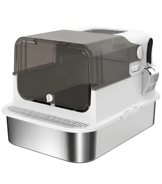 Arenero para Gatos de Acero Inoxidable XXL con Tapa Abatible Laterales Altos Entrada Superior Pala Blanco