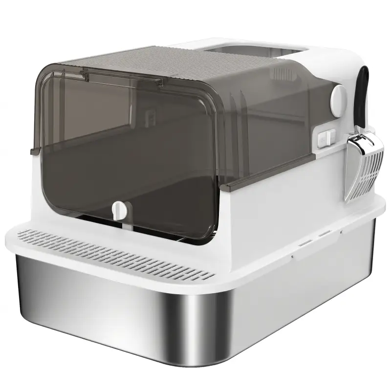 Arenero para Gatos de Acero Inoxidable XXL con Tapa Abatible Laterales Altos Entrada Superior Pala Blanco Arenero para Gatos de Acero Inoxidable XXL con Tapa Abatible Laterales Altos Entrada Superior Pala Blanco