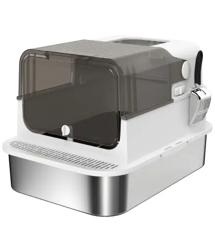 Arenero para Gatos de Acero Inoxidable XXL con Tapa Abatible Laterales Altos Entrada Superior Pala Blanco