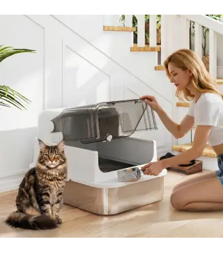 Arenero para Gatos de Acero Inoxidable XXL con Tapa Abatible Laterales Altos Entrada Superior Pala Blanco