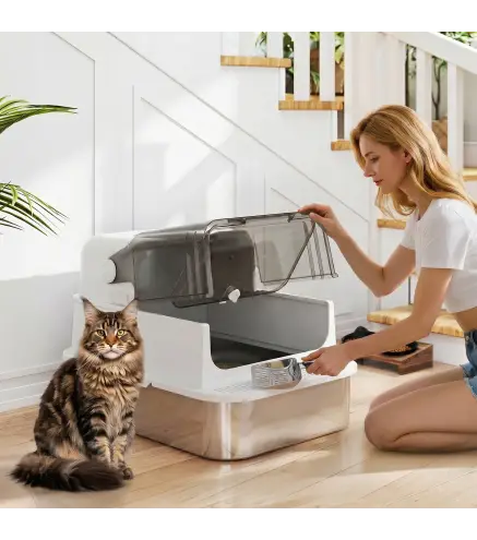 Arenero para Gatos de Acero Inoxidable XXL con Tapa Abatible Laterales Altos Entrada Superior Pala Blanco