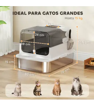 Arenero para Gatos de Acero Inoxidable XXL con Tapa Abatible Laterales Altos Entrada Superior Pala Blanco