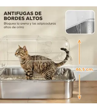 Arenero para Gatos de Acero Inoxidable XXL con Tapa Abatible Laterales Altos Entrada Superior Pala Blanco
