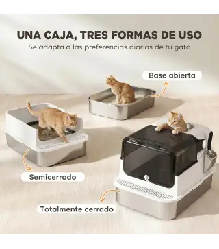 Arenero para Gatos de Acero Inoxidable XXL con Tapa Abatible Laterales Altos Entrada Superior Pala Blanco