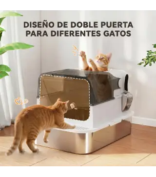 Arenero para Gatos de Acero Inoxidable XXL con Tapa Abatible Laterales Altos Entrada Superior Pala Blanco