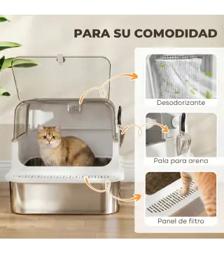 Arenero para Gatos de Acero Inoxidable XXL con Tapa Abatible Laterales Altos Entrada Superior Pala Blanco
