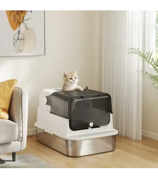 Arenero para Gatos de Acero Inoxidable XXL con Tapa Abatible Laterales Altos Entrada Superior Pala Blanco