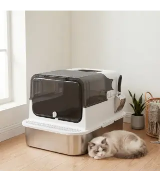 Arenero para Gatos de Acero Inoxidable XXL con Tapa Abatible Laterales Altos Entrada Superior Pala Blanco