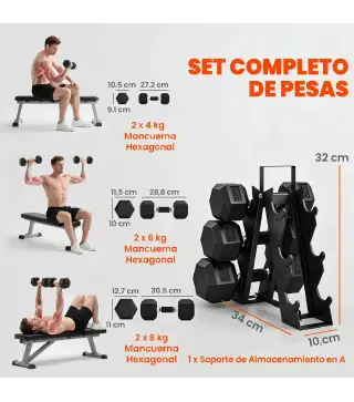 Juego de Mancuernas 2x4kg 2x6kg 2x8kg con Soporte Recubrimiento de Goma y Mango Antideslizante para Casa Gimnasio