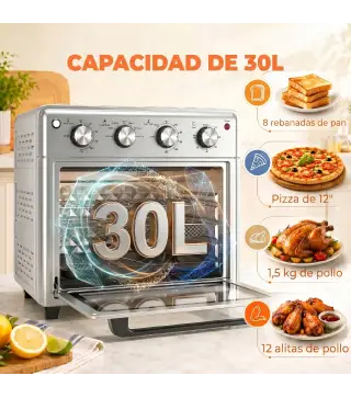 Horno Eléctrico de Sobremesa de 30L 1600W Freidora de Aire con 7 Modos de Calor y Temporizador 43x39x39 cm Plata