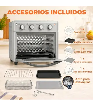 Horno Eléctrico de Sobremesa de 30L 1600W Freidora de Aire con 7 Modos de Calor y Temporizador 43x39x39 cm Plata