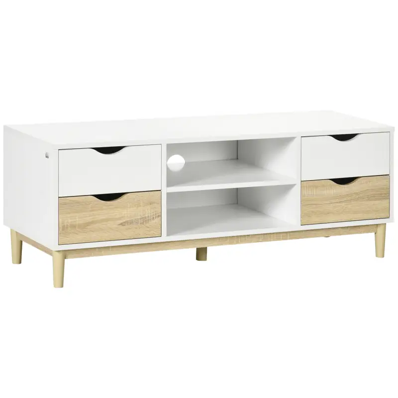 Mueble TV de Salón Mesa para Televisores de hasta 55" con Estantes y 4 Cajones 120x40x44,5 cm Blanco y Roble Mueble TV de Salón Mesa para Televisores de hasta 55" con Estantes y 4 Cajones 120x40x44,5 cm Blanco y Roble