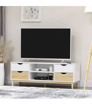Mueble TV de Salón Mesa para Televisores de hasta 55" con Estantes y 4 Cajones 120x40x44,5 cm Blanco y Roble