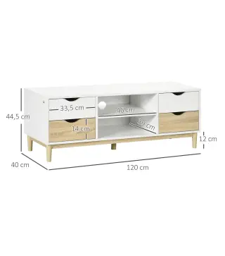 Mueble TV de Salón Mesa para Televisores de hasta 55" con Estantes y 4 Cajones 120x40x44,5 cm Blanco y Roble
