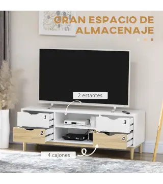 Mueble TV de Salón Mesa para Televisores de hasta 55" con Estantes y 4 Cajones 120x40x44,5 cm Blanco y Roble