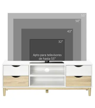 Mueble TV de Salón Mesa para Televisores de hasta 55" con Estantes y 4 Cajones 120x40x44,5 cm Blanco y Roble