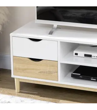 Mueble TV de Salón Mesa para Televisores de hasta 55" con Estantes y 4 Cajones 120x40x44,5 cm Blanco y Roble