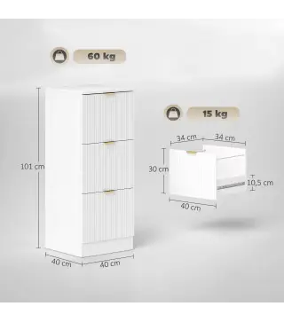 Cajonera de Escritorio con 3 Cajones Frentes Acanalados Mueble Archivador para Tamaño A4 o Carta 40x40x101 cm Blanco