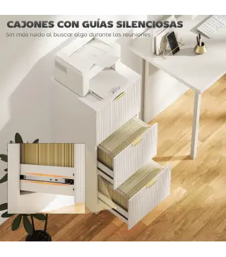 Cajonera de Escritorio con 3 Cajones Frentes Acanalados Mueble Archivador para Tamaño A4 o Carta 40x40x101 cm Blanco