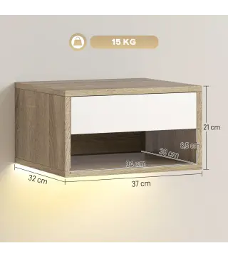Juego de 2 Mesitas de Noche Flotantes con Luces LED RGB Control de APP Cajón Estante Abierto Natural y Blanco