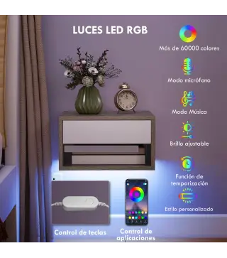 Juego de 2 Mesitas de Noche Flotantes con Luces LED RGB Control de APP Cajón Estante Abierto Natural y Blanco