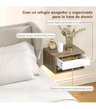 Juego de 2 Mesitas de Noche Flotantes con Luces LED RGB Control de APP Cajón Estante Abierto Natural y Blanco