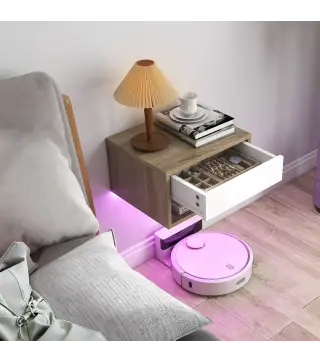 Juego de 2 Mesitas de Noche Flotantes con Luces LED RGB Control de APP Cajón Estante Abierto Natural y Blanco
