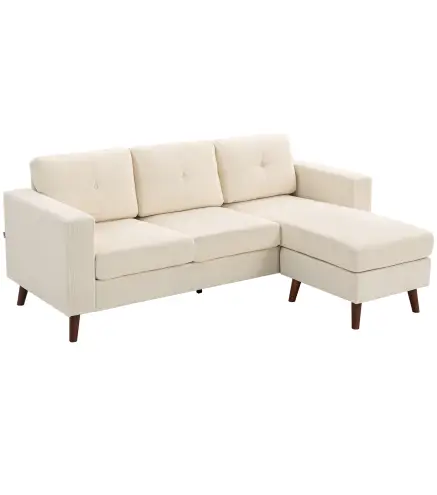 Sofá Chaise Longue Reversible de 3 Plazas Tapizado en Pana Marco de Acero para Espacios Reducidos Crema