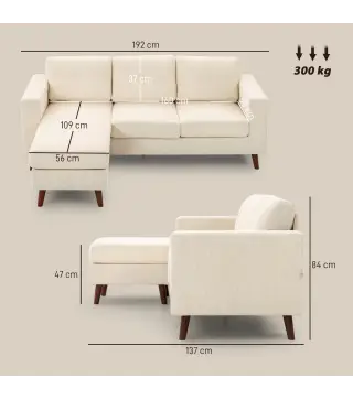 Sofá Chaise Longue Reversible de 3 Plazas Tapizado en Pana Marco de Acero para Espacios Reducidos Crema