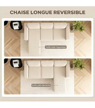 Sofá Chaise Longue Reversible de 3 Plazas Tapizado en Pana Marco de Acero para Espacios Reducidos Crema