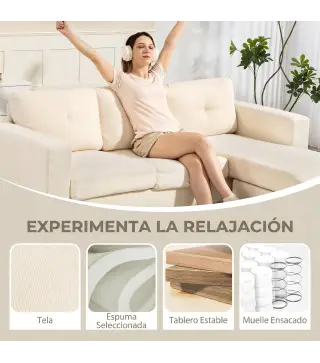 Sofá Chaise Longue Reversible de 3 Plazas Tapizado en Pana Marco de Acero para Espacios Reducidos Crema