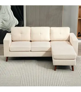 Sofá Chaise Longue Reversible de 3 Plazas Tapizado en Pana Marco de Acero para Espacios Reducidos Crema