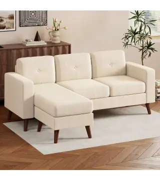 Sofá Chaise Longue Reversible de 3 Plazas Tapizado en Pana Marco de Acero para Espacios Reducidos Crema