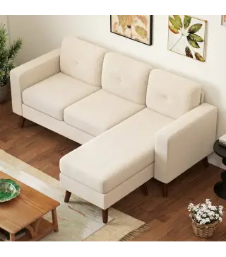 Sofá Chaise Longue Reversible de 3 Plazas Tapizado en Pana Marco de Acero para Espacios Reducidos Crema