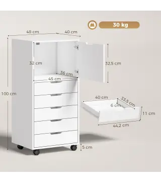 Cajonera de Oficina con 5 Cajones Ruedas y Armario con Cierre Suave Soporte para Impresora Blanco