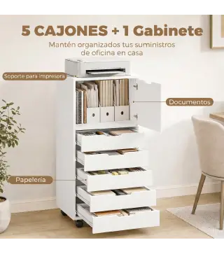 Cajonera de Oficina con 5 Cajones Ruedas y Armario con Cierre Suave Soporte para Impresora Blanco