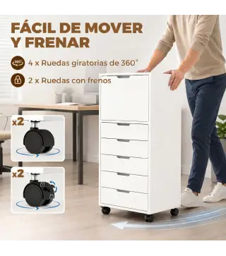 Cajonera de Oficina con 5 Cajones Ruedas y Armario con Cierre Suave Soporte para Impresora Blanco