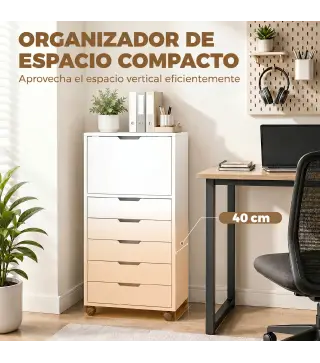 Cajonera de Oficina con 5 Cajones Ruedas y Armario con Cierre Suave Soporte para Impresora Blanco