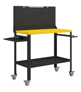 Banco de Trabajo con Panel Perforado Mesa de Trabajo con Enchufes Luz LED Ruedas Marco de Metal Negro y Amarillo