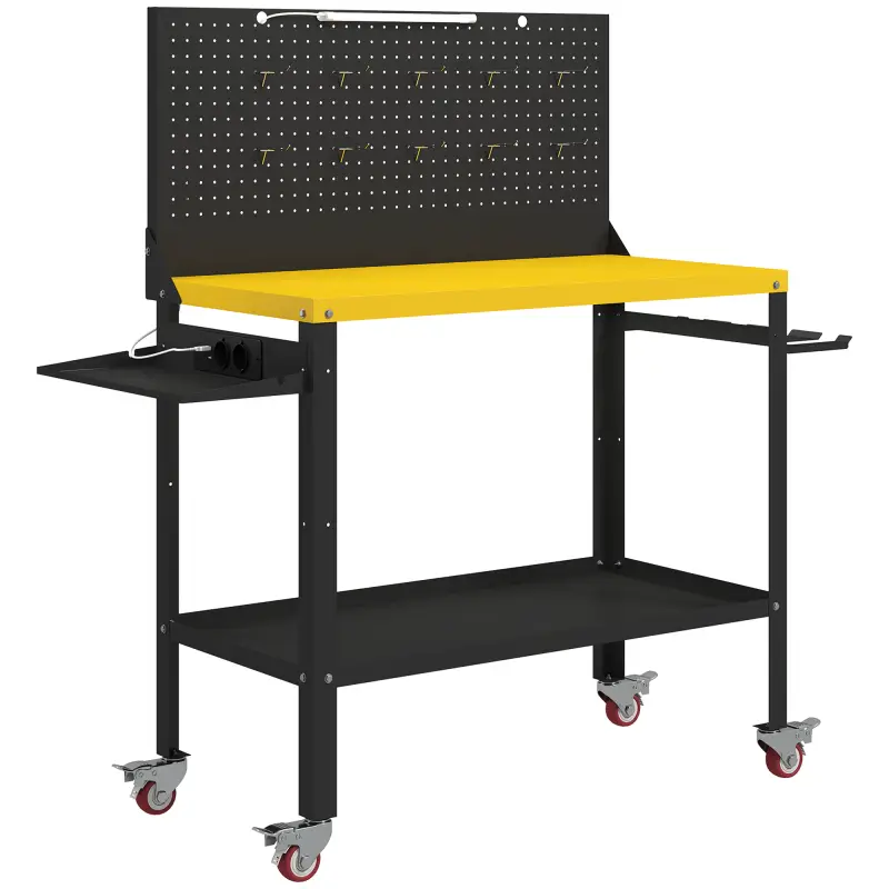 Banco de Trabajo con Panel Perforado Mesa de Trabajo con Enchufes Luz LED Ruedas Marco de Metal Negro y Amarillo Banco de Trabajo con Panel Perforado Mesa de Trabajo con Enchufes Luz LED Ruedas Marco de Metal Negro y Amarillo