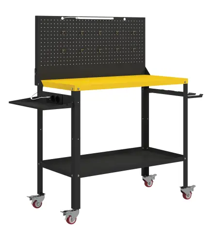 Banco de Trabajo con Panel Perforado Mesa de Trabajo con Enchufes Luz LED Ruedas Marco de Metal Negro y Amarillo
