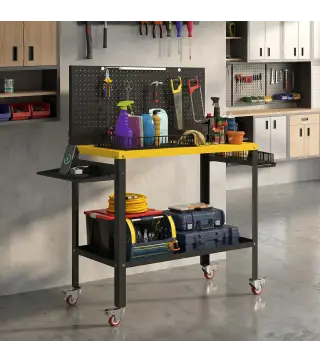 Banco de Trabajo con Panel Perforado Mesa de Trabajo con Enchufes Luz LED Ruedas Marco de Metal Negro y Amarillo