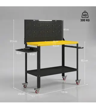 Banco de Trabajo con Panel Perforado Mesa de Trabajo con Enchufes Luz LED Ruedas Marco de Metal Negro y Amarillo
