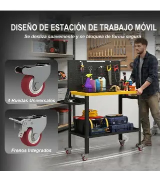 Banco de Trabajo con Panel Perforado Mesa de Trabajo con Enchufes Luz LED Ruedas Marco de Metal Negro y Amarillo