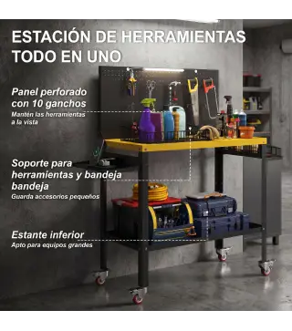 Banco de Trabajo con Panel Perforado Mesa de Trabajo con Enchufes Luz LED Ruedas Marco de Metal Negro y Amarillo