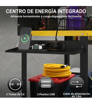 Banco de Trabajo con Panel Perforado Mesa de Trabajo con Enchufes Luz LED Ruedas Marco de Metal Negro y Amarillo
