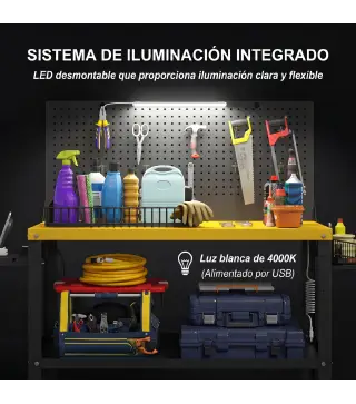 Banco de Trabajo con Panel Perforado Mesa de Trabajo con Enchufes Luz LED Ruedas Marco de Metal Negro y Amarillo