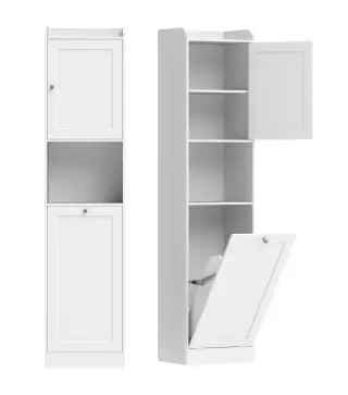 Armario Alto de Baño con Cesto Ropa Sucia con Compartimentos Abiertos y Estantes Ajustables 40x30x170 cm Blanco