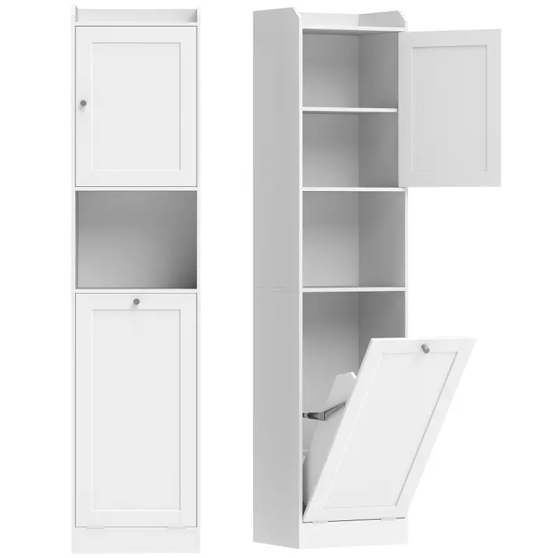 Armario Alto de Baño con Cesto Ropa Sucia con Compartimentos Abiertos y Estantes Ajustables 40x30x170 cm Blanco Armario Alto de Baño con Cesto Ropa Sucia con Compartimentos Abiertos y Estantes Ajustables 40x30x170 cm Blanco